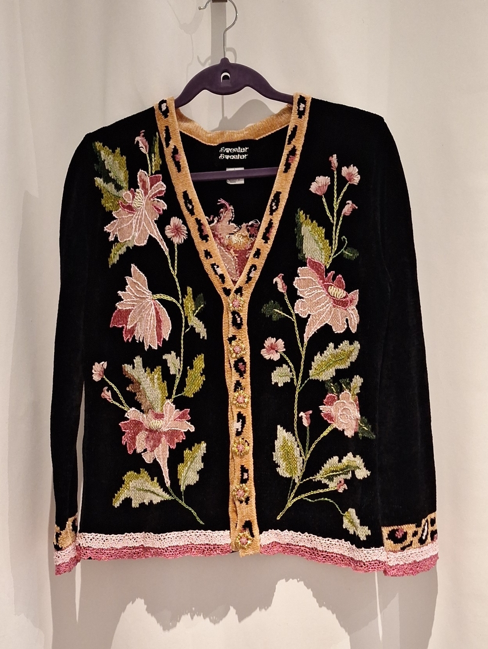 Vintage Sweater Sweater Black Embroidered Floral Cardigan With Jeweled Buttons